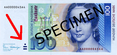 Old 100 DM banknote with tangible value indication (Source: Wikipedia)