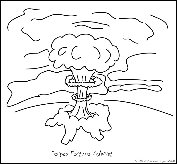 An atomic explosion (mushroom cloud) is shown. Subtitle: "Fortes Fortuna Adiuvat"