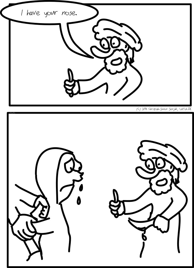 Panel 1: Person with a turban holds something in his hand and says "I have your nose!" -- Panel 2: The person holds a bloody knife in his other hand and has just removed the nose of a woman in a burqa.