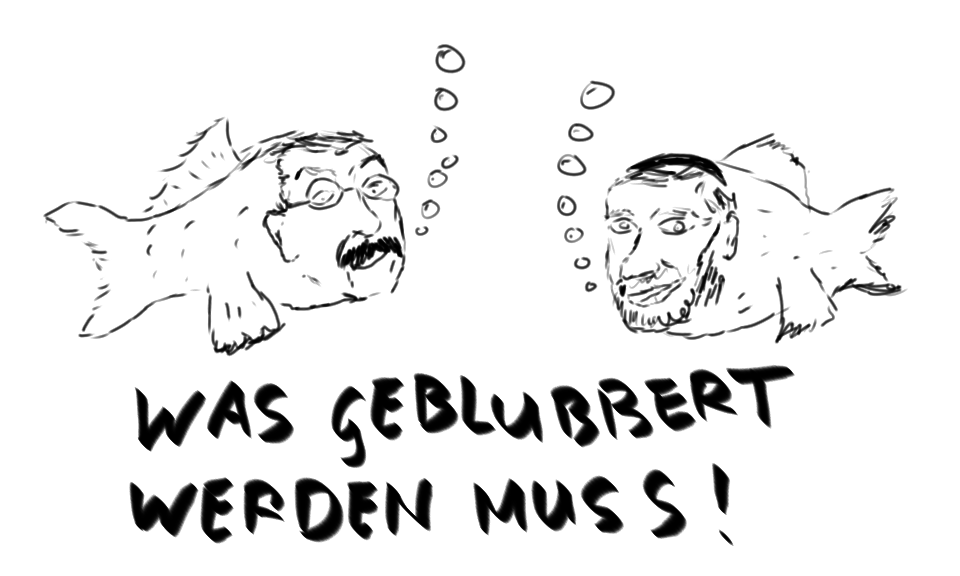 Zwei Fische mit den Gesichtern von Günther Grass und Eli Yishai, die Blasen blubbern, werden gezeigt, darunter der Text "Was geblubbert werden muss".